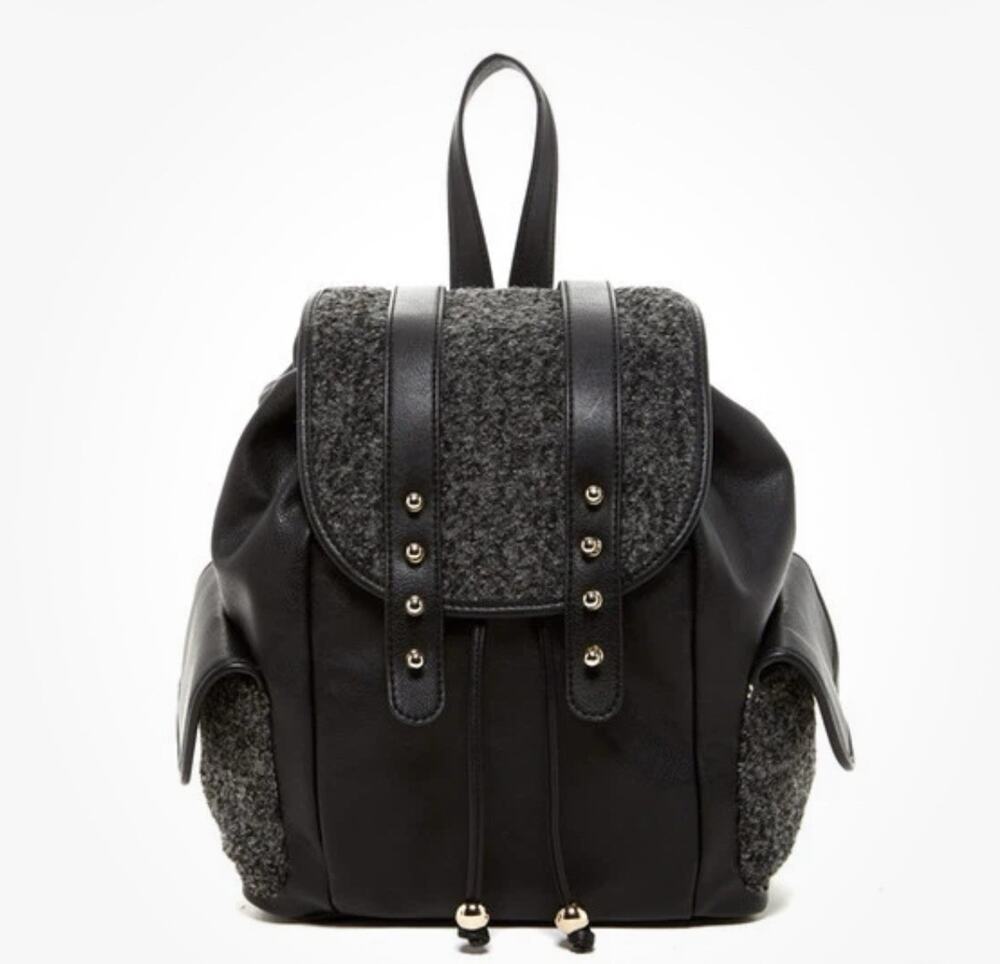 Big Buddha Black Grey Boucle Doris Faux Shearling Leather Flap Backpack X5504